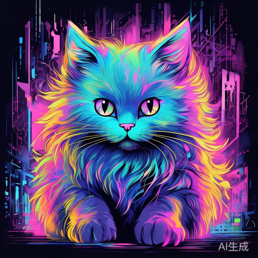 赛博霓虹简笔画小猫图片