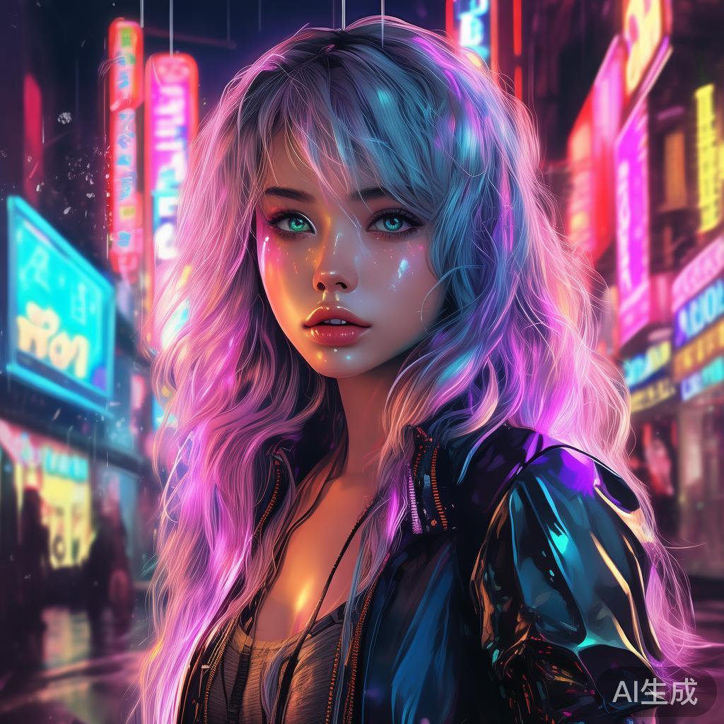 霓虹光影·卡通美女赛博幻影图片
