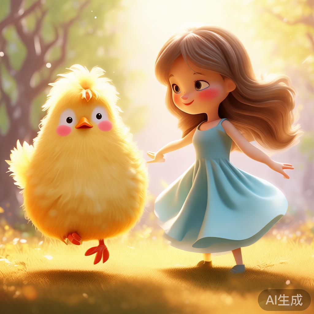 卡通风萌鸡与少女唯美图片