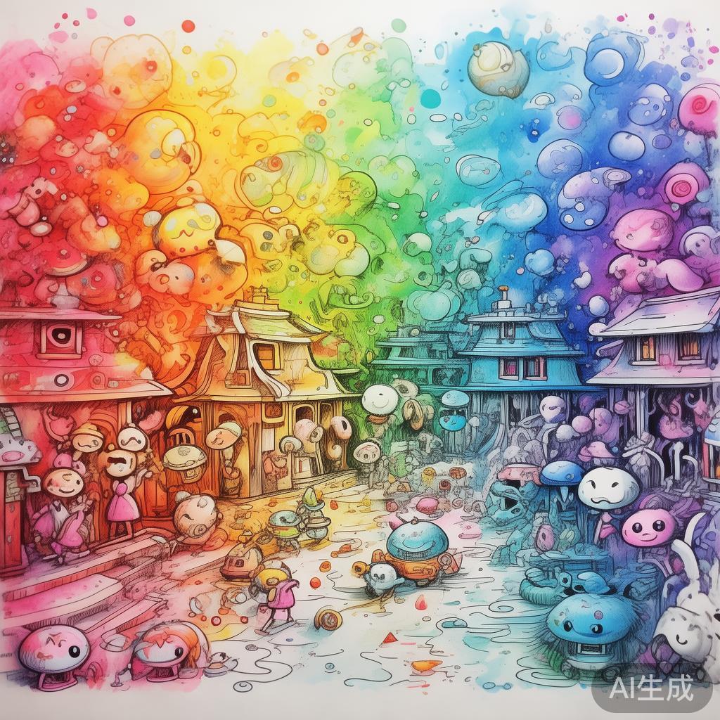 萌趣七彩卡通素描图片
