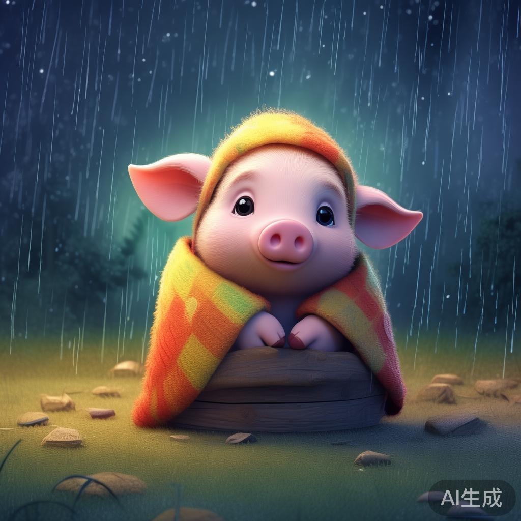 孤单小猪卡通图片，雨夜蜷缩