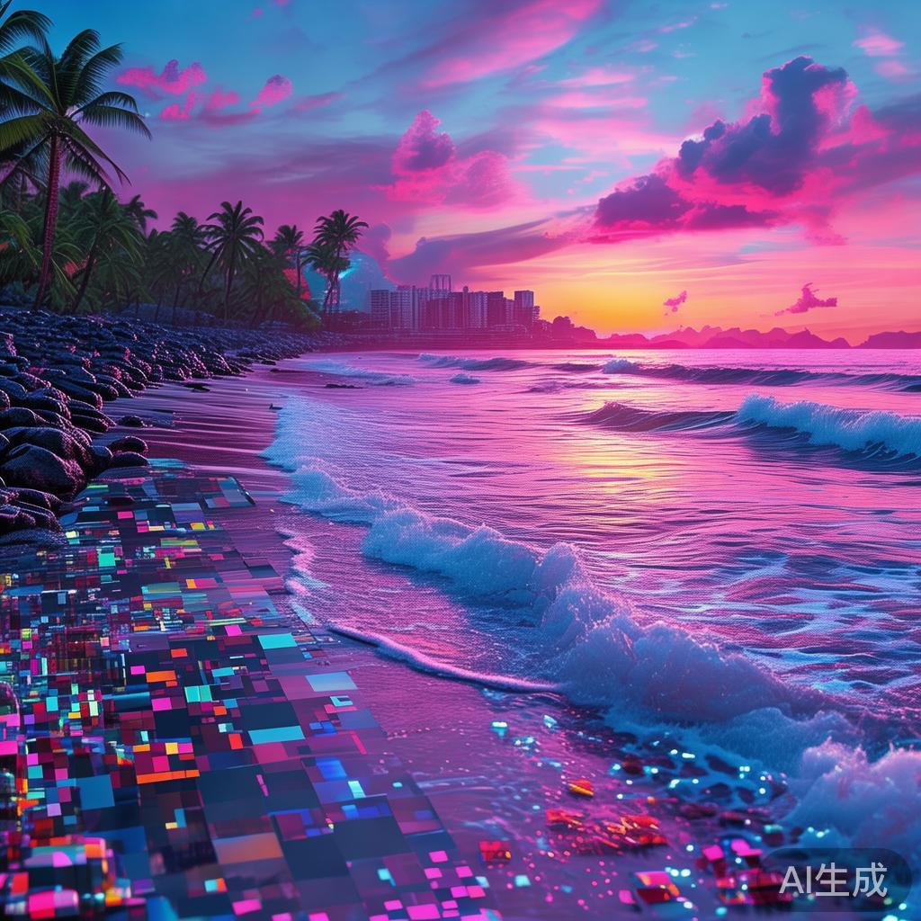 三亚赛博风景图片：霓虹像素海景图