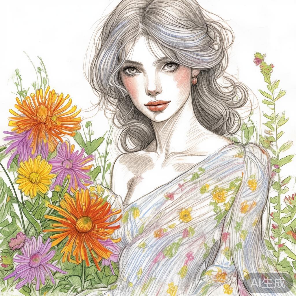 卡通素描美女菊花图片