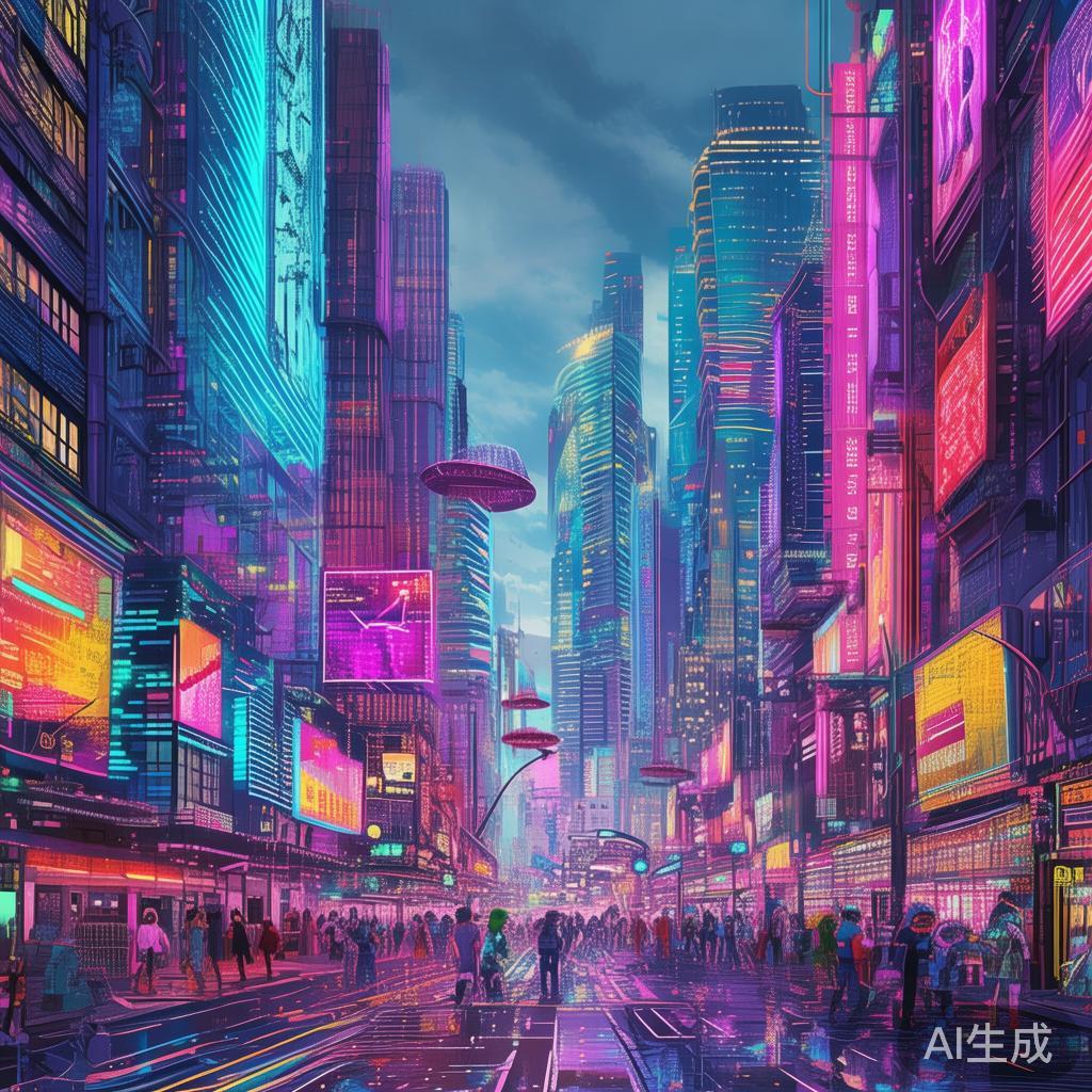 赛博霓虹图片：卡通像素未来城