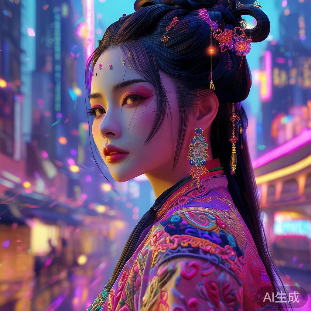 赛博霓虹卡通手绘古装美女图片