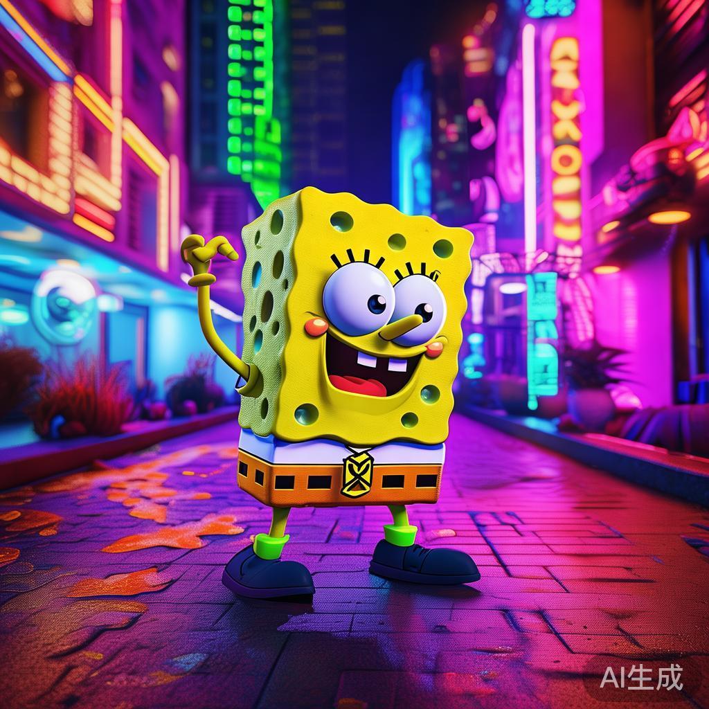 海绵宝宝简笔画图片：赛博霓虹卡通