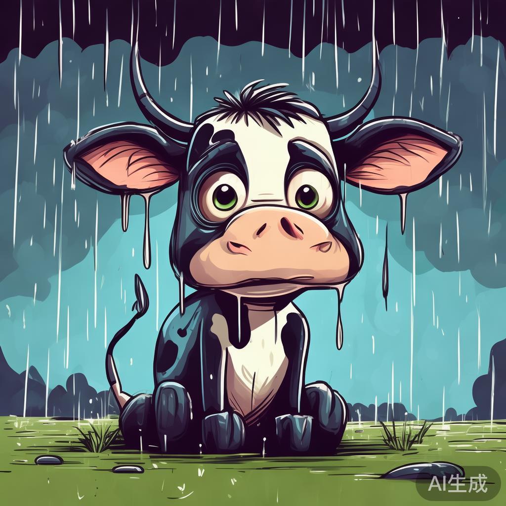 卡通牛雨中独坐伤感图片
