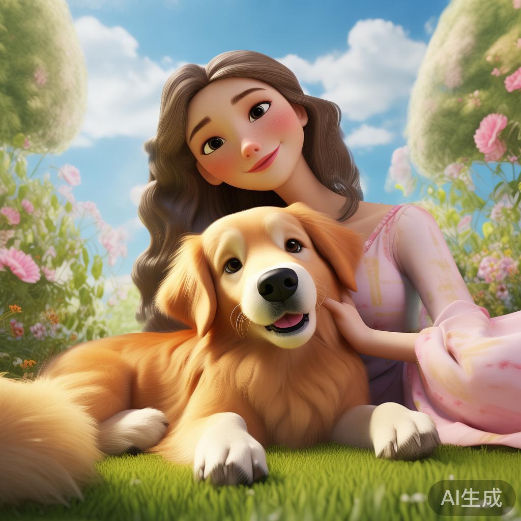 卡通唯美图片：犬与她的温柔相伴