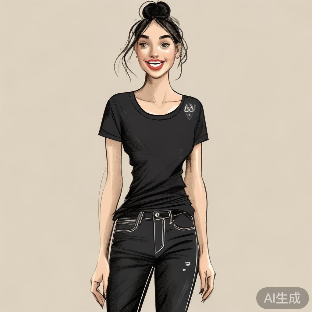 卡通素描黑t搭配裤子女图