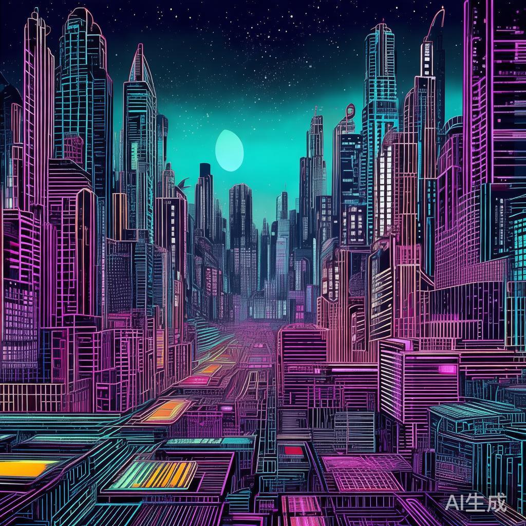 赛博霓虹线描风景图片
