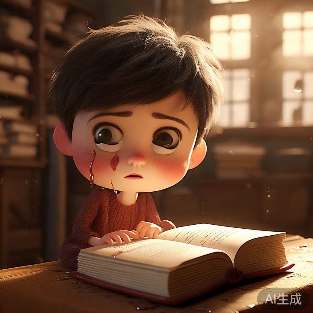 读书卡通图片：独坐翻书，泪湿指尖