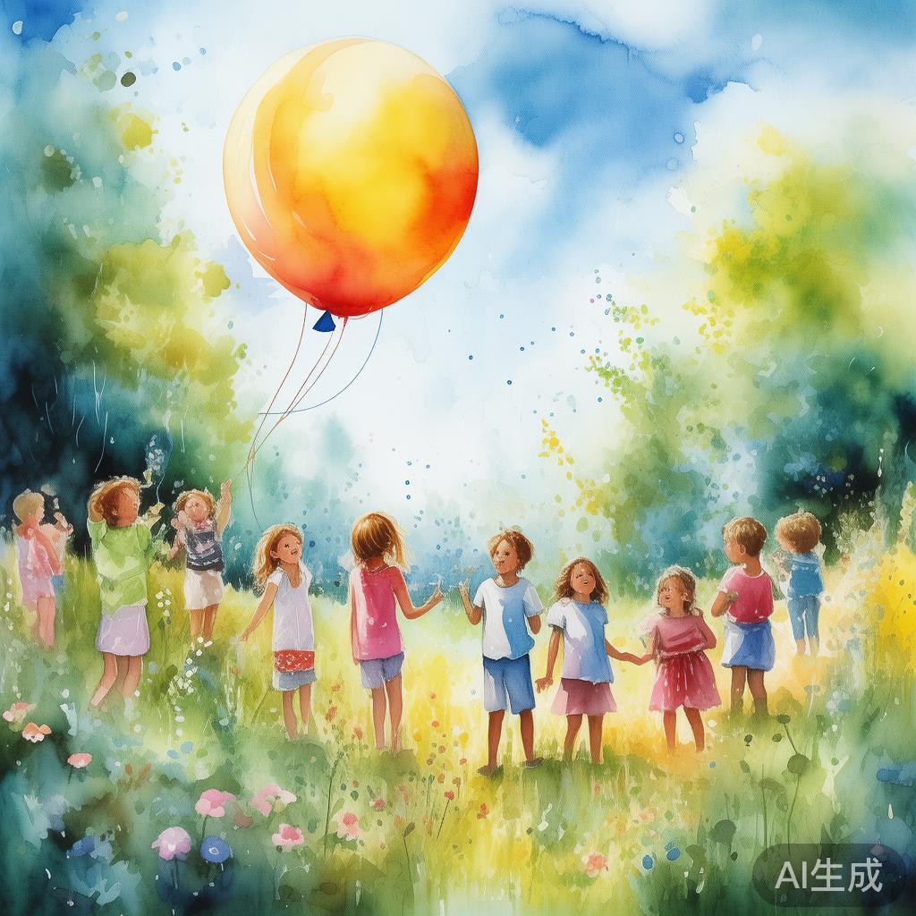 儿童水彩画图片：气球飞走的午后